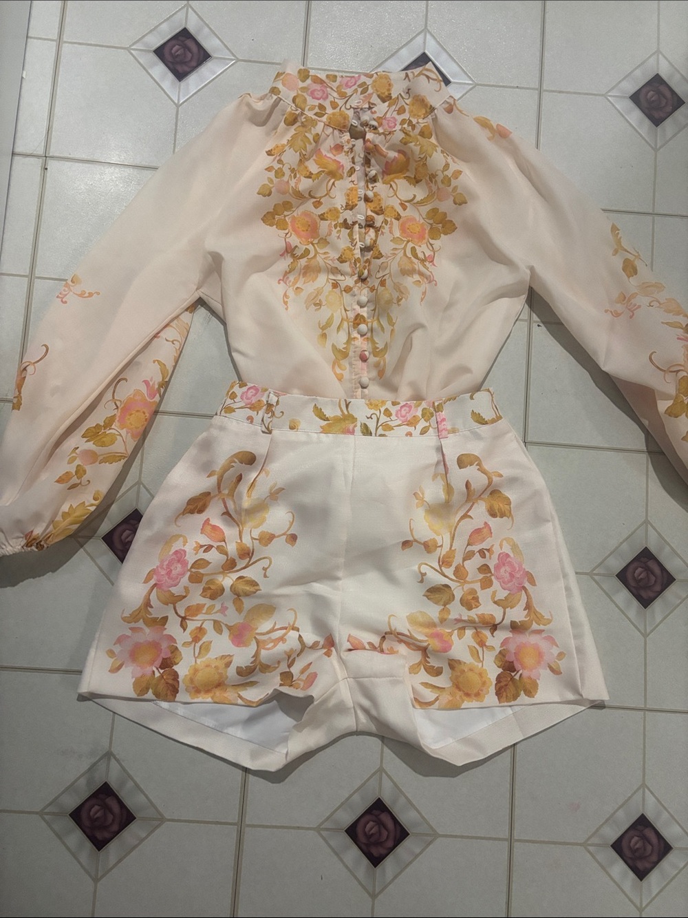 Zimmermann like Cream Floral-Print High-Waist Shorts